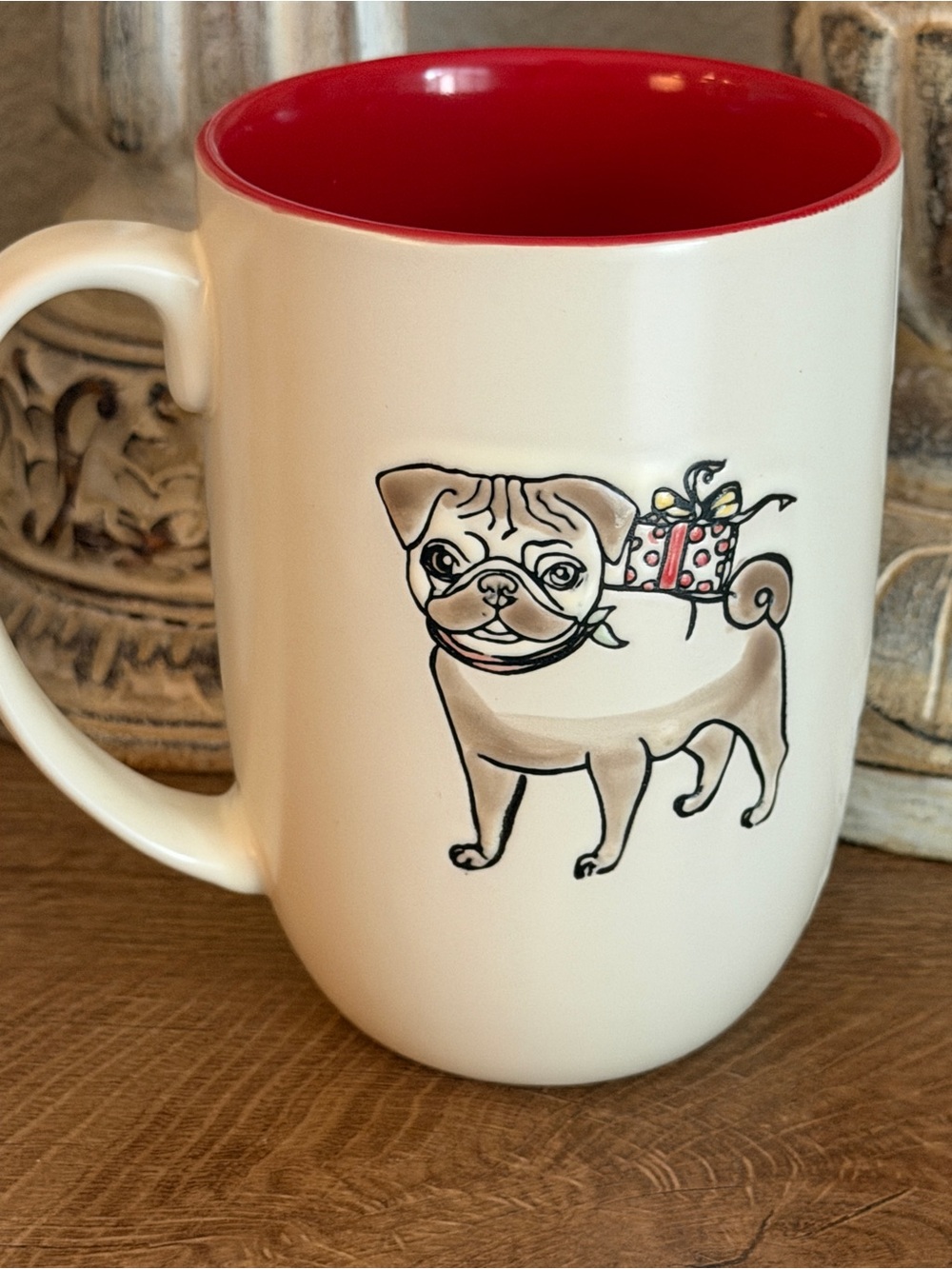 Cream Ceramic Pug Mug with Red Interior